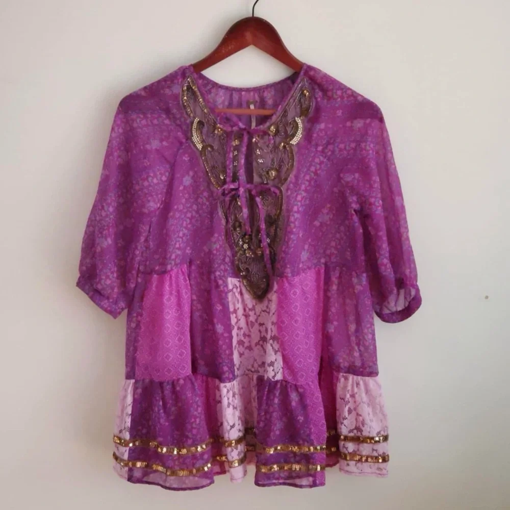 Free People Purple Gold Gossamer Wings Tunic